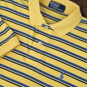 VTG Polo Ralph Lauren Polo Shirt Yellow Blue‎ Striped Soft Blue Pony Men's Large